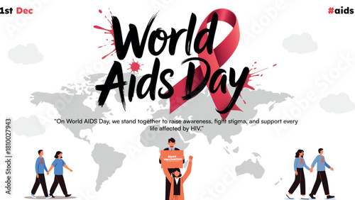 World AIDS Day Brush Text with Support Group Illustration.