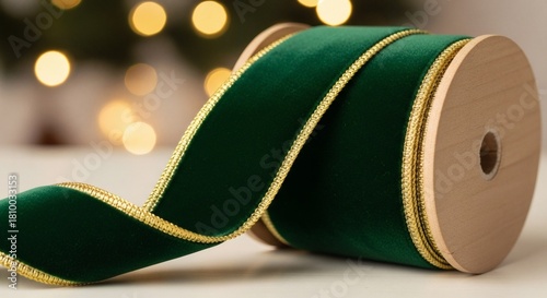 Elegant Green Ribbon: An elegant spool of rich green velvet ribbon with golden accents, beautifully displayed, with soft bokeh background.