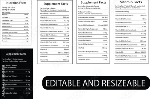 Editable nutrition and supplement facts labels templates
