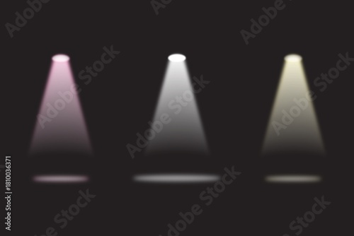 Stage Spotlights in Dark Background with Colorful Lighting Beams.