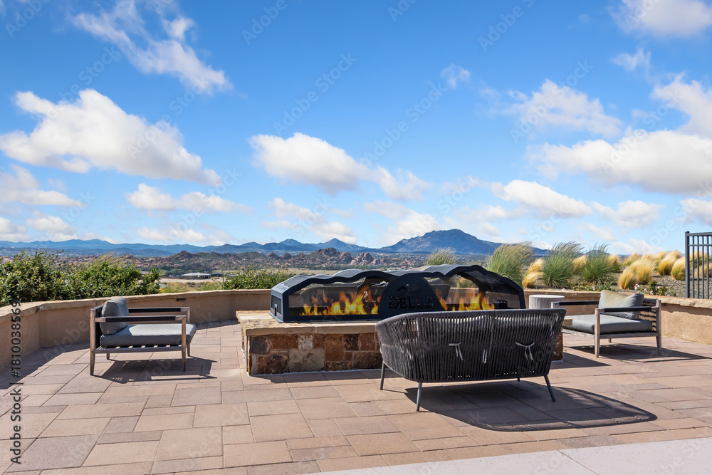 Naklejka premium elegant mountain retreat, stylish outdoor seating area, beautiful panoramic view with cozy