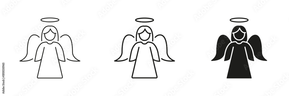 Obraz premium Angel With Halo In Line, Outline, And Glyph Icon Set. Spirituality, Protection, And Divine Guidance Symbol Collection. Religious And Mythological. Isolated Vector Illustration