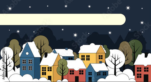 Serene Winter Wonderland Vector Illustration of a Snowy Village Under a Starry Night Sky, Capturing the Cozy Holiday Spirit