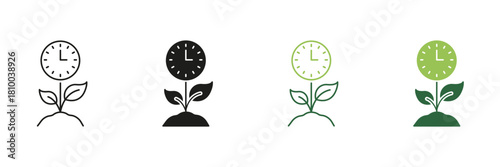 Clock And Plant Growth Line And Solid Icon Set. Time Management And Natural Growth Symbol Collection. Environmental Sustainability And Development. Isolated Vector Illustration