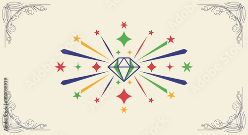 Sparkling Gemstone Burst Festive Diamond Celebration on a Creamy Background with Decorative Corner Elements