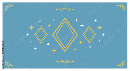 Minimalist design of shimmering diamond shapes and stars with a decorative gold frame for a luxury concept