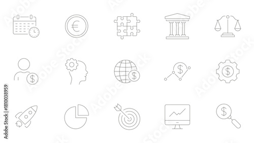 Financial And Business Strategy Line Icon Set. Economic Planning, Investment Analysis, Market Growth Outline Symbol Collection. Business Development. Editable Stroke. Isolated Vector Illustration