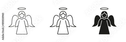 Angel With Halo In Line, Outline, And Glyph Icon Set. Spirituality, Protection, And Divine Guidance Symbol Collection. Religious And Mythological. Isolated Vector Illustration