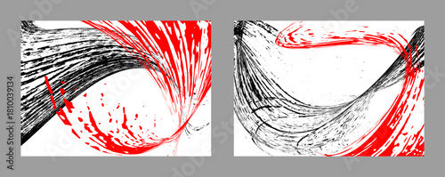 Strokes of black and red paint on a white background. Set of two templates. Graffiti element. 