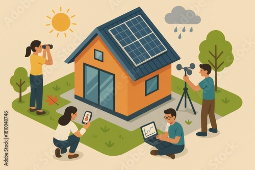 Wallpaper Mural Engineers and scientists monitoring environmental data for a smart, energy efficient home with solar panels, focusing on renewable energy and climate adaptation Torontodigital.ca