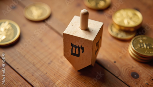 Spinning dreidel on hardwood floor with gold coins, celebration of Hanukkah