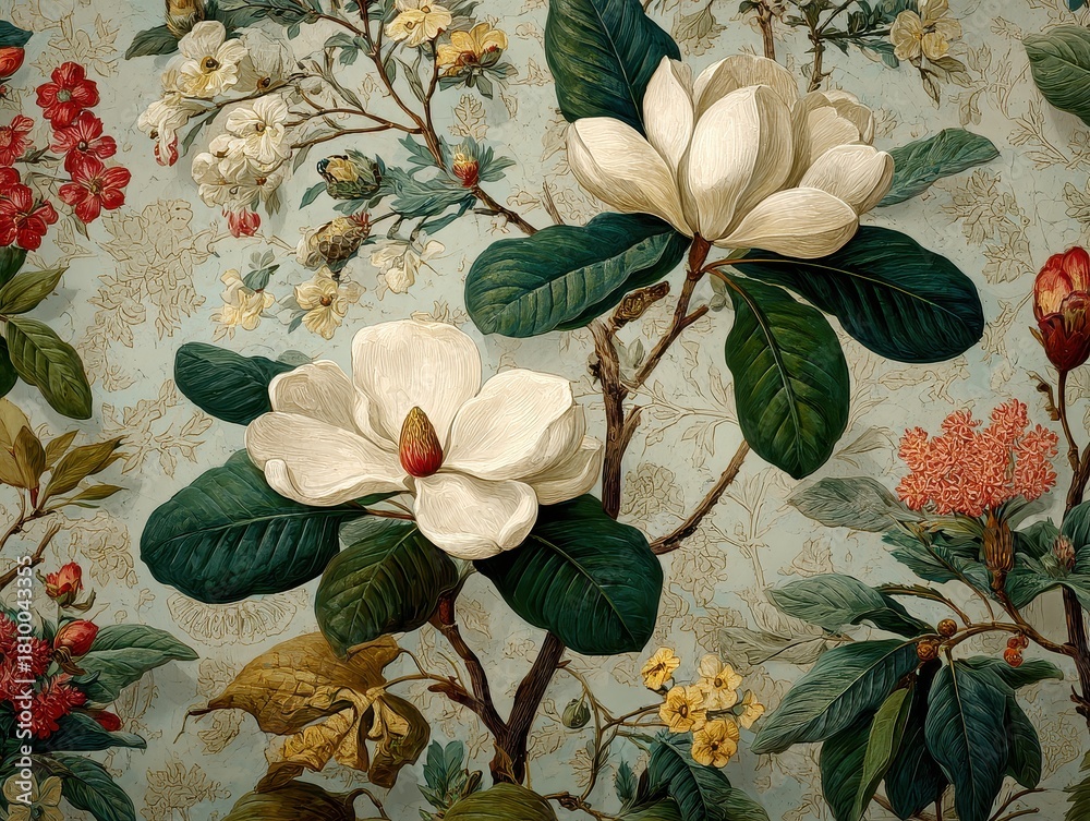 Fototapeta premium Flower pattern floral magnolia background seamless white line texture spring abstract. Elegant flower pattern floral design plant art outline leaf pink print wallpaper wedding illustration vintage