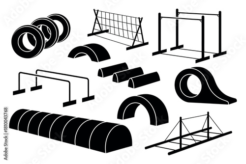 An assortment of outdoor obstacle course equipment for training and recreation.