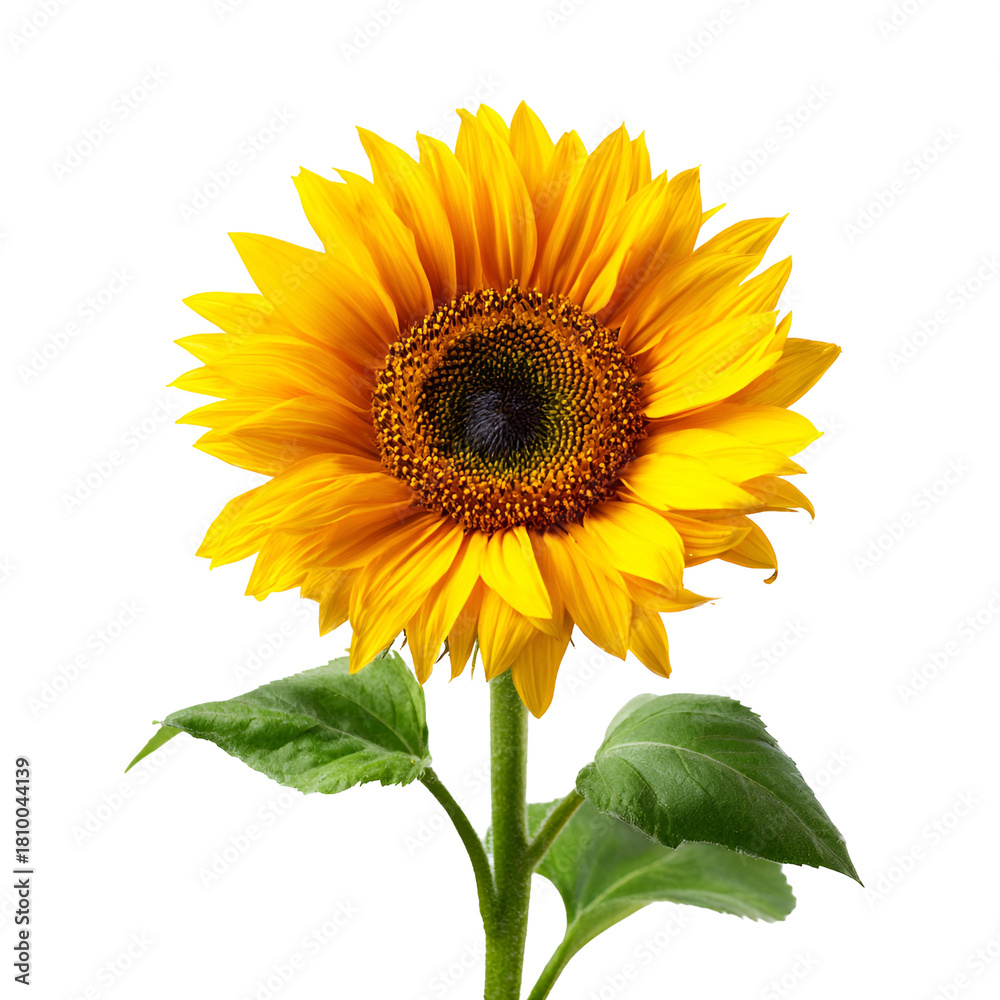 Fototapeta premium Bright yellow sunflower with green leaves isolated on transparent background