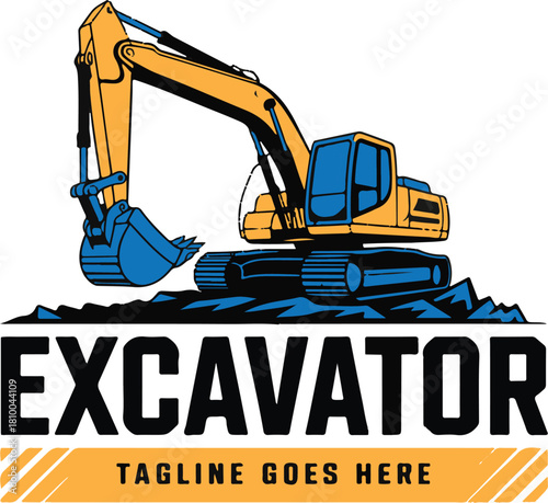 Yellow and blue excavator digging in dirt with text construction heavy machinery vector illustration EPS file download.
