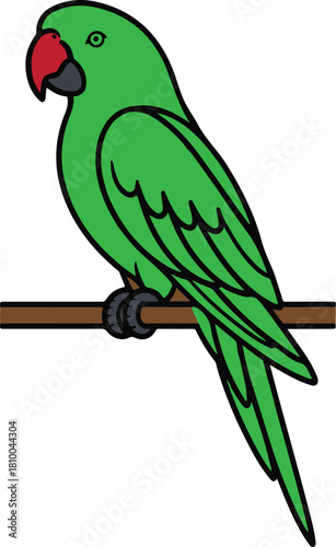 Green parrot with red beak sitting on brown branch cartoon bird vector illustration EPS file download.
