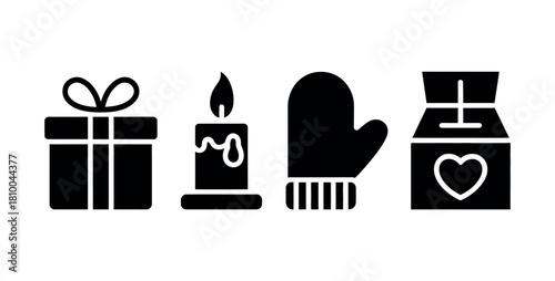 A gift box, a lit candle, a mitten, and a donation box with a heart are shown in a row.