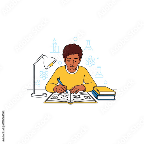 A young Black student diligently studies science at a desk, writing in a textbook under a lamp with chemistry icons in the background.