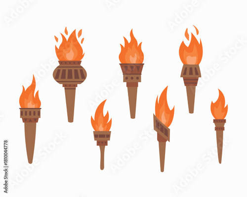 Illustration of Various Lit Torches. White background, isolate