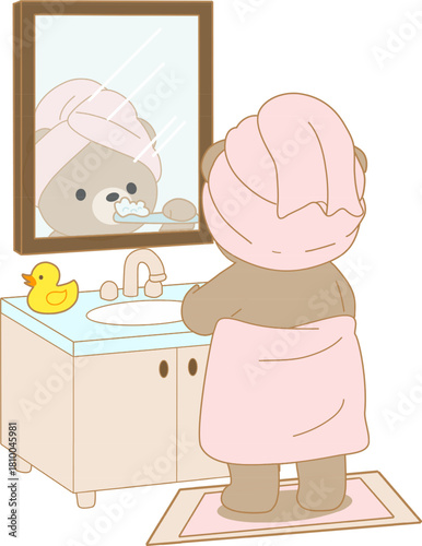 Cute Bear Brushing Teeth in Bathroom with Towel and Mirror