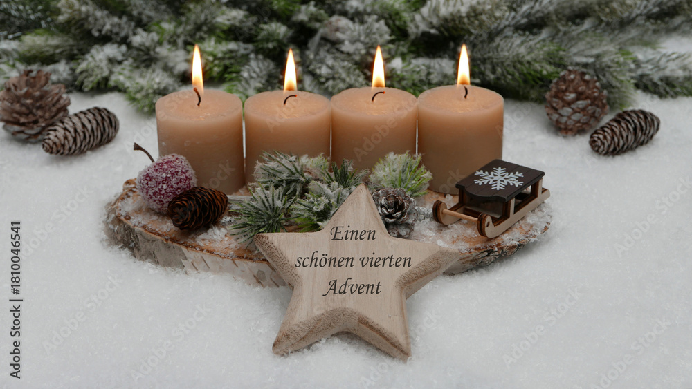 Photography Poster Vierter Advent: Adventskranz mit braunen Kerzen und einem hölzernen Stern mit der Aufschrift „Einen schönen vierten Advent“
