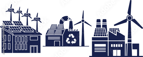Renewable Energy Icons Showing Factories Wind Turbines and Solar Panels Keywords: renewable energy, factory, industrial, wind
