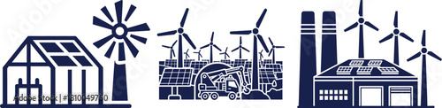 Renewable Energy Infrastructure Construction and Power Generation Icons Keywords: wind turbine, solar panel, factory, construction
