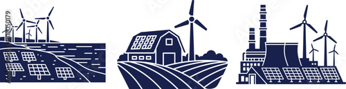 Rural Landscape with Wind Turbines Solar Panels Barn and Factory Keywords: rural landscape, wind turbines, solar panels, barn