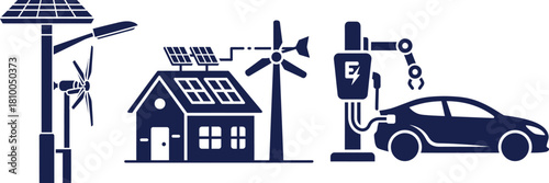Solar Powered Street Light Wind Turbine House and Electric Car Charging Station Icons home