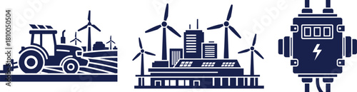 Sustainable energy concepts with tractor wind turbines city buildings and electrical equipment