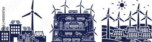 City Buildings Solar Panels Wind Turbines and Transportation Hub Icons terminal