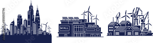 Cityscape with Skyscrapers Wind Turbines Solar Panels and Port Cranes Icons urban