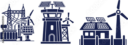 Dark blue graphic icons of wind turbines solar panels and power substation energy renewable energy