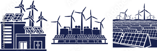 Dark blue graphic of wind turbines and solar panels on buildings and fields renewable energy