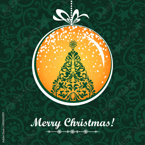 Christmas Greeting Card with gold Christmas ball. Lux and business vibes laconic xmas design element for card, header, invitation, poster, social media, post publication. Vector illustration