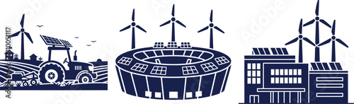 Dark blue icons of renewable energy sources in rural urban and stadium settings solar panel