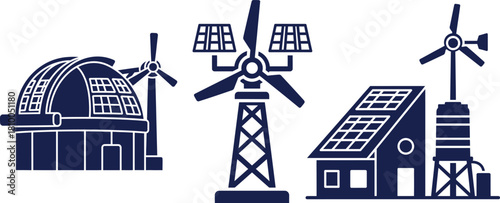 Dark blue icons of observatory wind turbine and solar powered house renewable energy wind power