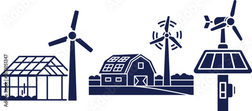 Dark blue icons of renewable energy sources on white background wind turbine solar panel