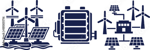 Dark blue icons of wind turbines solar panels and battery storage energy power