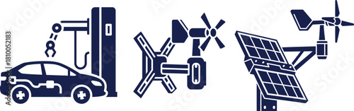 Electric Car Charging Station Solar Panels and Wind Turbines Icons Keywords: electric car, charging station, EV charger, solar