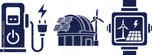 Electric Vehicle Charging Smartwatch and Renewable Energy Facility Icons Keywords: electric vehicle charger, plug, lightning bolt