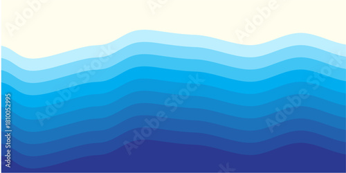 Layered wave background, stacked blue ocean bands with soft curves minimal vector wallpaper.