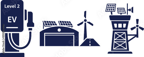 Electric Vehicle Charging Station Industrial Building and Control Tower Icons Keywords: EV charger, Level 2, electric vehicle