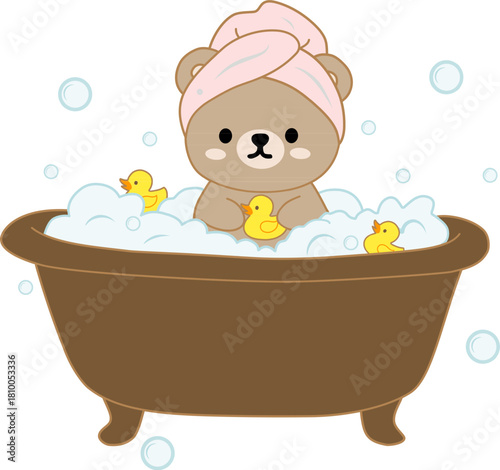 Cute Bear Taking a Bubble Bath with Rubber Ducks