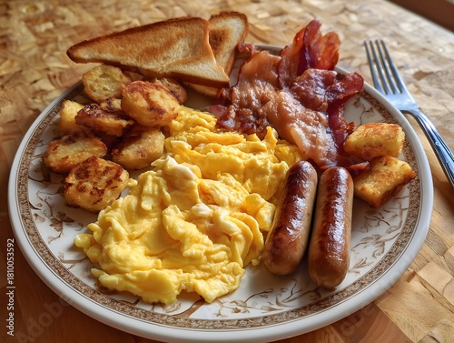 American Breakfast Plate Scrambled eggs, bacon, sausage links, hash browns, and toast