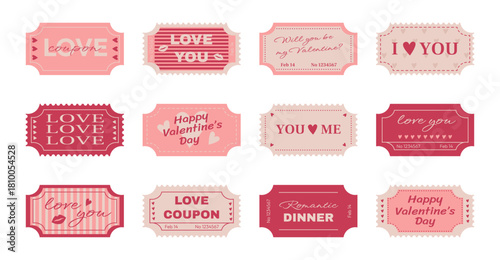 Love coupons and tickets with romantic pink design. Flat vector graphic elements and lettering for Valentine's Day.