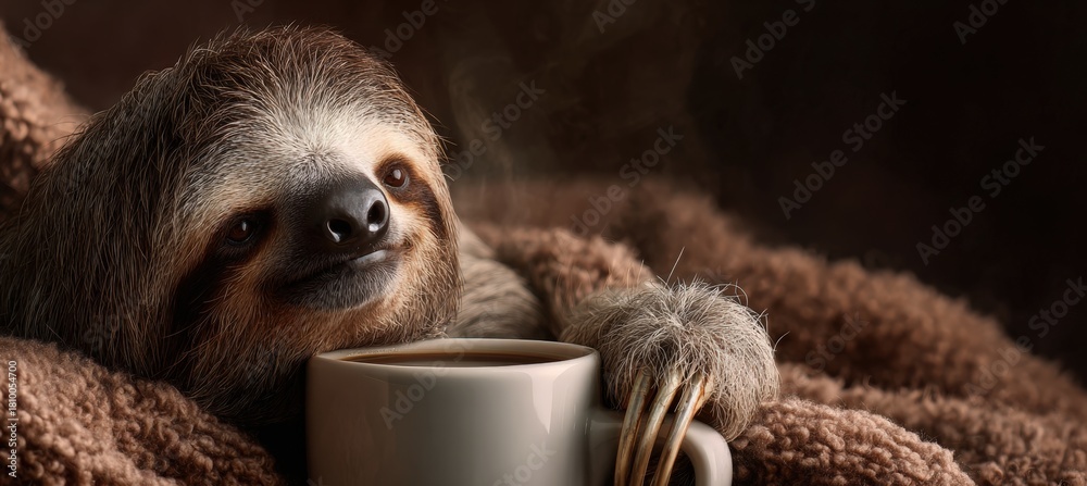 Fototapeta premium Adorable Sloth Relaxing with Coffee Mug in Soft Lighting