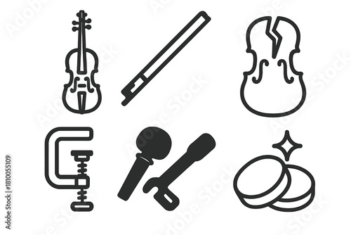 Antique Violin Restoration. Line style icons of Antique Restoration: antique violin, bow string, cracked soundboard, fine clamp,