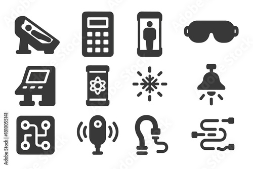 Futuristic Cryo Technology Icons. Solid style icons of Futuristic Stasis: Cryo Bed, Digital Lock, Cryo Tube, Sleep Mask, Control