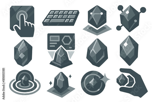 Holographic Crystal Interfaces. Solid style icons of crystal computing interfaces: glowing touch panels, refractive keyboards,